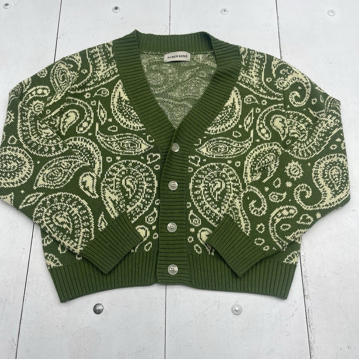 Ruben Kone Green Bandana Printed Button Front Cardigan Sweater  