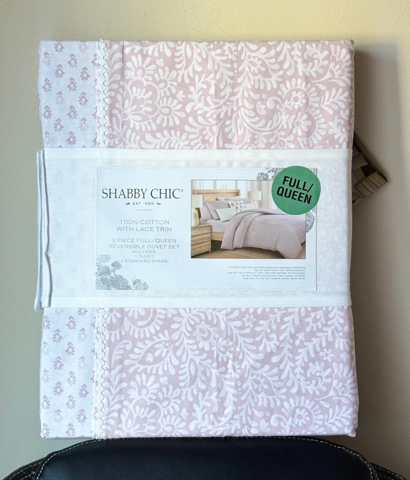 Juego de edredón Shabby Chic algodón encaje ribete completo reina reversible 3 piezas - blanco y rosa Foto 2 de 4