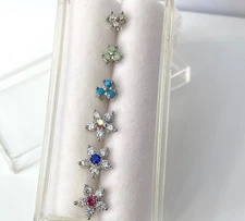 6pc Box Value Pack CZ Gem Flower & Opalite Triangle 20g Steel L-Bend Nose Rings