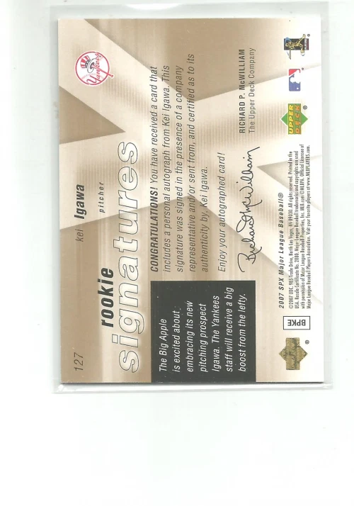 2007 SPX #127 KEI IGAWA   AUTO  (RC)    B49 - Image 2 of 2