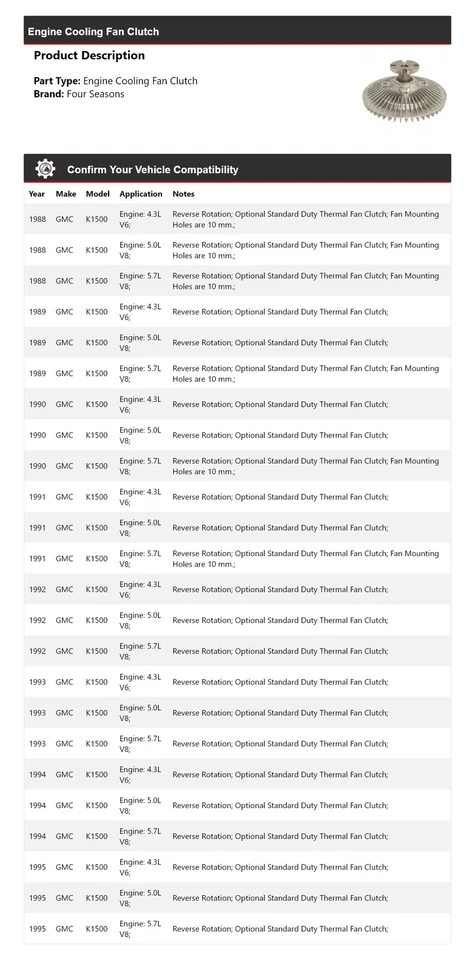 Embrague ventilador refrigeración motor GMC K1500 1988-1995 4 estaciones 1989 1990 1991 1992 Foto 2 de 4