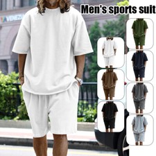 Men Loose Pure Solid Sports Short Sleeve T Shirt Shorts Set Outfit Sportswear
