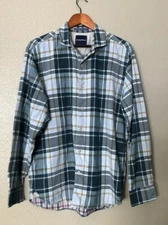 Tommy Bahama Large L Blue Green Plaid Lined Long Sleeve Button Cotton Silk Shirt