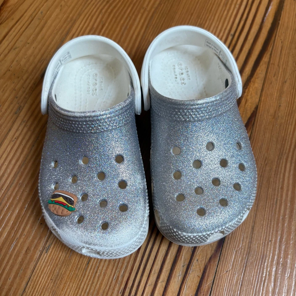 Crocs Blanco Plata Brillo Clásico Slip On Niño Zueco Sandalia TALLA 10 Foto 2 de 4