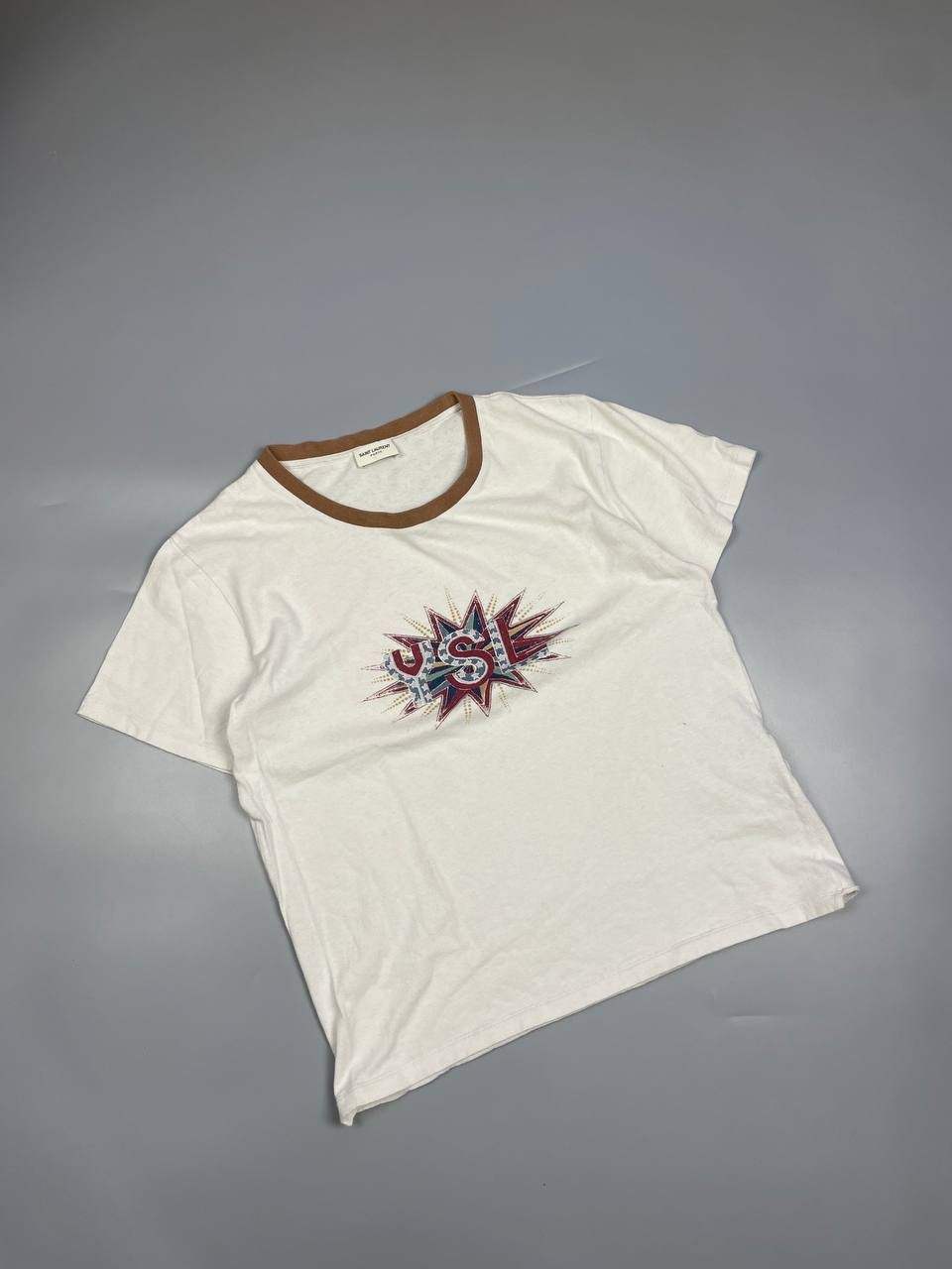 T shirt donna Saint Laurent YSL grande logo taglia M manica corta grafica maglietta bianca