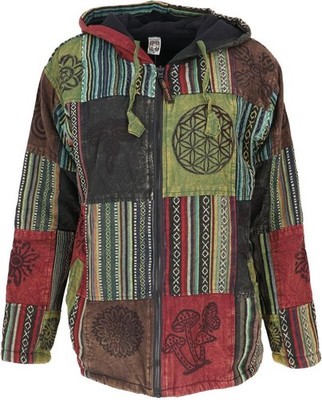 Guru-Shop Kapuzenjacke Herren Goa Jacke, Patchwork Sweatshirt Jacke - grün/bunt
