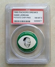 1969 Drenks Potato Chips Green Bay Packers Pin, Henry Jordan PSA 8, NR MINT-MINT