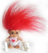 Russ TROLL BABY Red Hair Heart Bib Diaper Bottle Flocked Teddy Bear NEW 1990s