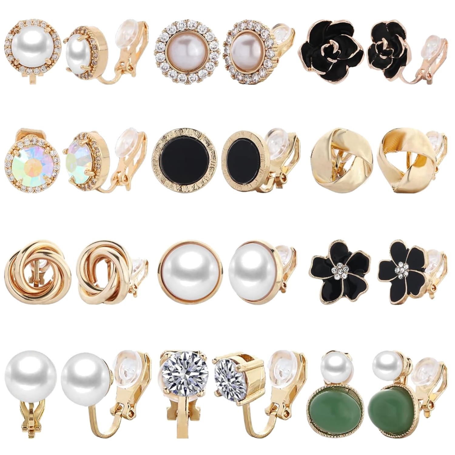 12 Pairs Clip-On Earrings for Women Cute Crystal Pearl Non-Piercing Studs
