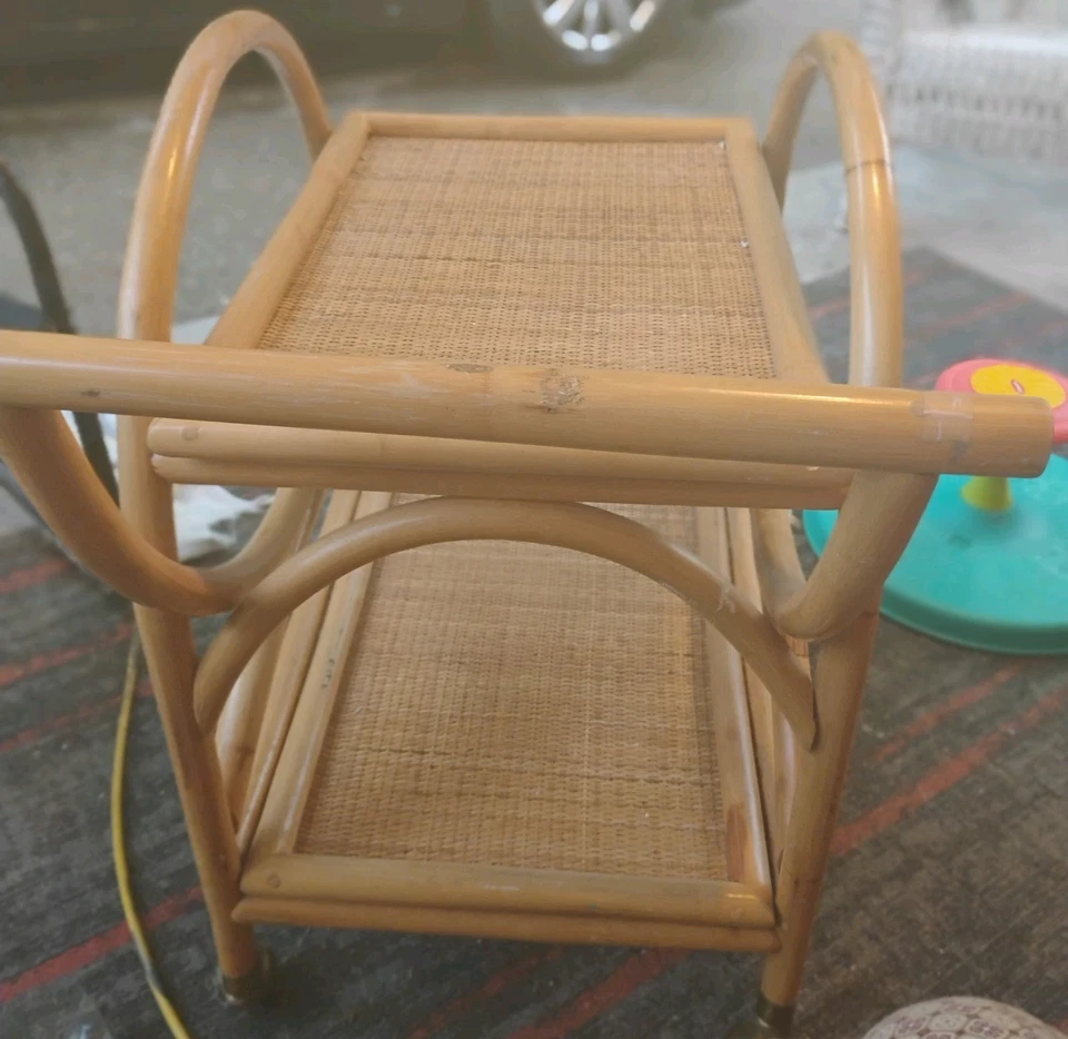 Mid century modern Bohemian rattan & bamboo serving bar Teacart Wheels. Vintage  - Image 3 of 4