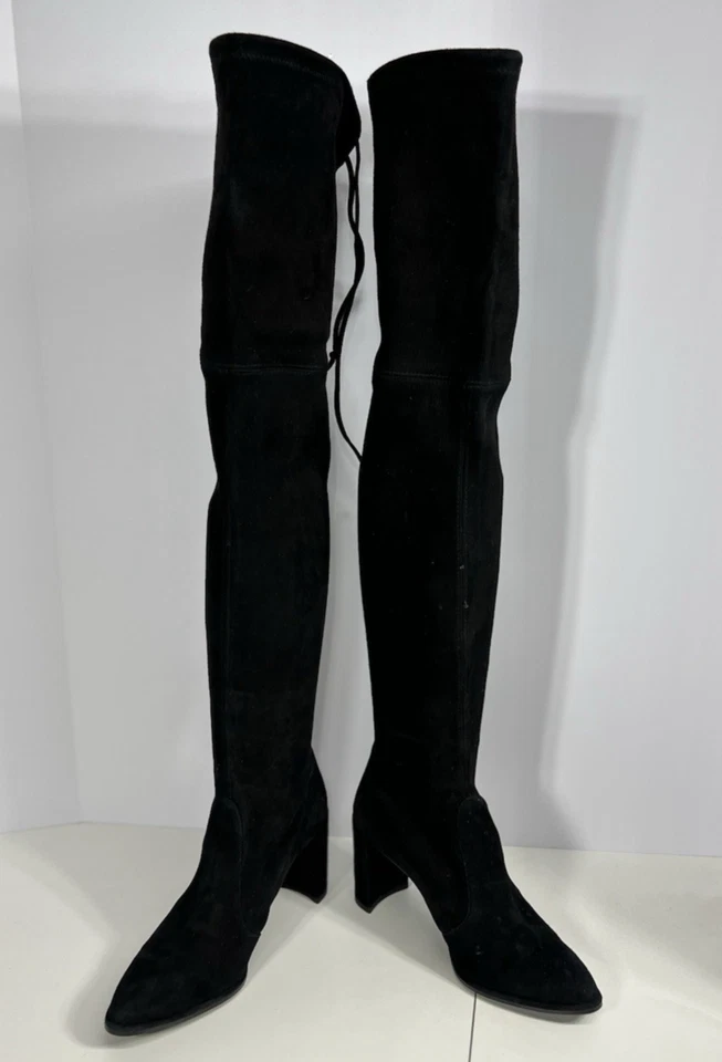 Botas por encima de la rodilla Stuart Weitzman para mujer 6M negras gamuza tacón bloque Foto 3 de 4