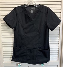 Cherokee Workwear Black Scrub Top Short Sleeve V Neck Pockets Size XS Logo