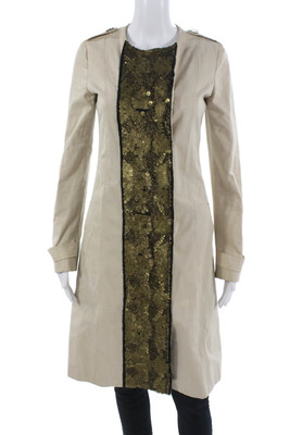 Gryphon New York Womens Trench Coat Beige Cotton Button Long Sleeve Size XS