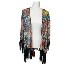 Sans Souci Kimono Size Small Colorful Floral Oversized Cardigan Fringe Festival