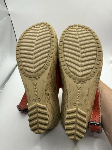 Crocs A Leigh Women's Size 8 Tangerine Leather Cork Wedge Slingback Sandals - Picture 10 of 11