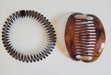 Vtg 80s Lot Of 2 Hair Comb Tzers And Round Stretch Headband Brown Faux Tort