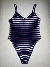 H M Women's Navy Blue Striped Cotton Bodysuit With Snap Closure Size Medium