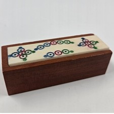 Vintage Miniature Domino Set in Handcrafted Wood Box Inlaid Bone Lid Travel Size