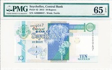 Central Bank Seychelles  10 Rupees 2013 Low S/No 000047 PMG  65EPQ