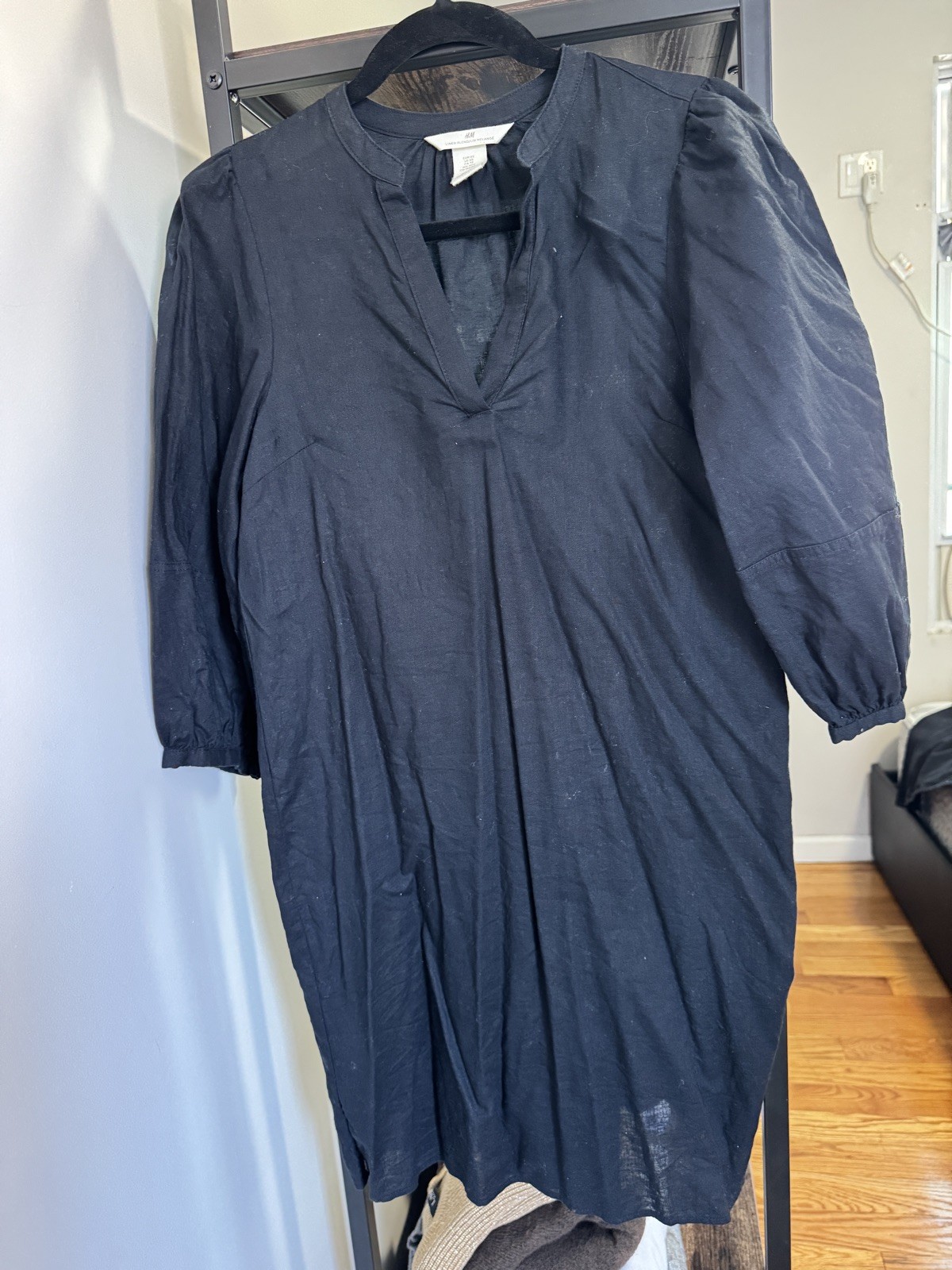 H & M Linen Blend Black Unlined Short Tunic Casual Mini Dress XS Balloon Sleeves