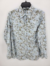Eddie Bauer Top Womens Plus 1X Blue Tan Floral Linen Long Sleeve Button Up