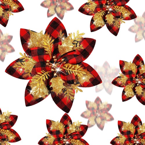 36 Pcs Christmas Glitter Artificial Poinsettia Flowers Xmas Poinsettia Artifi...