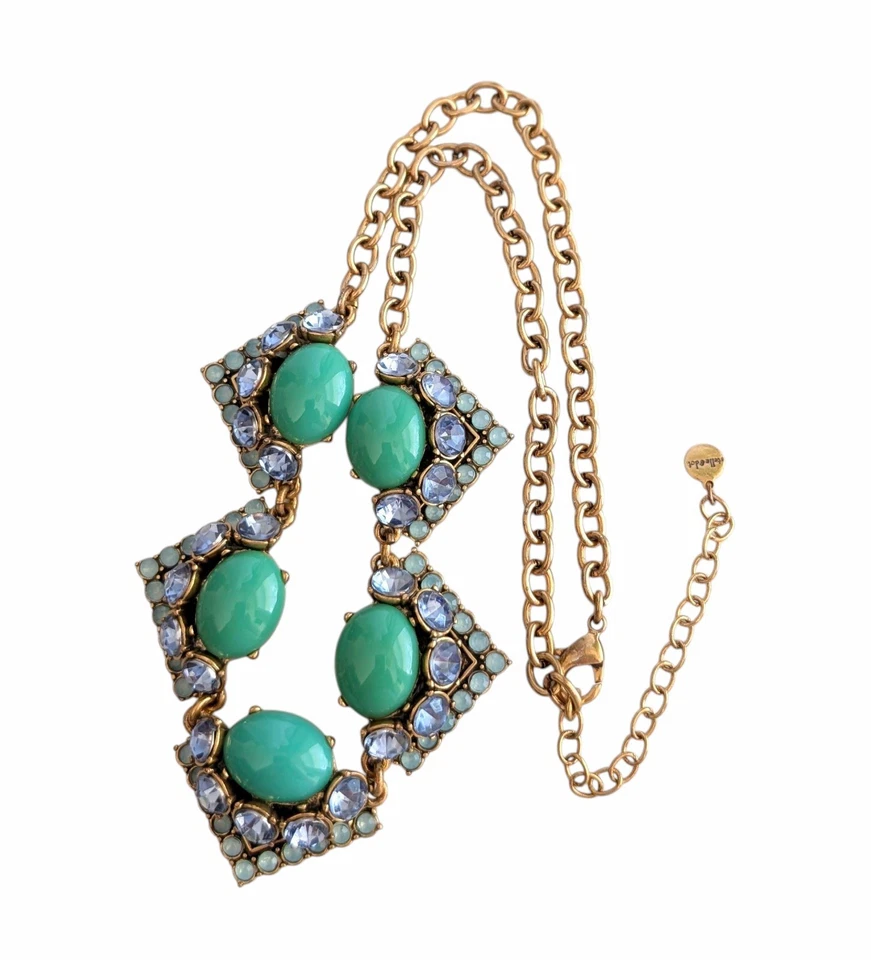 RORY STELLA & DOT GOLD TONE NECKLACE WITH GREEN CABACHONS AND BLUE STONES - Image 3 of 4
