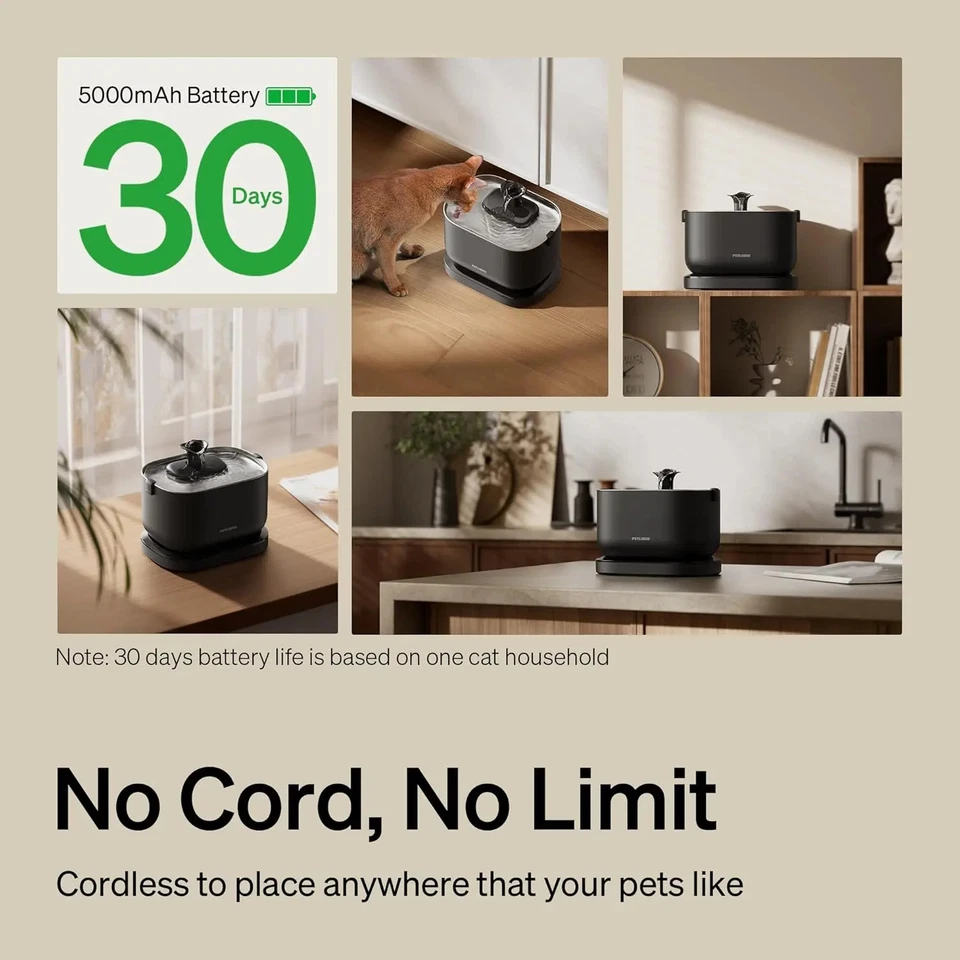 Fuente de agua inalámbrica para gatos, funciona con pilas, sin BPA con acero inoxidable Foto 2 de 4