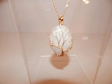 White Crystal quartz Tree of Life pendant gold tone ion plated yg ss necklace