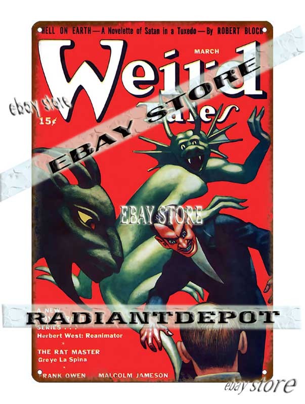 A 1942 Weird Tales sea-monster pulp cover immortalized on tin — lurid golden-age horror art that looks incredible in a game room or office.