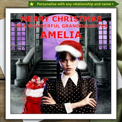 PEACHY IMPRESSIONS WEDNESDAY ADDAMS CHRISTMAS CARD personalised with NAME and RELATIONSHIP