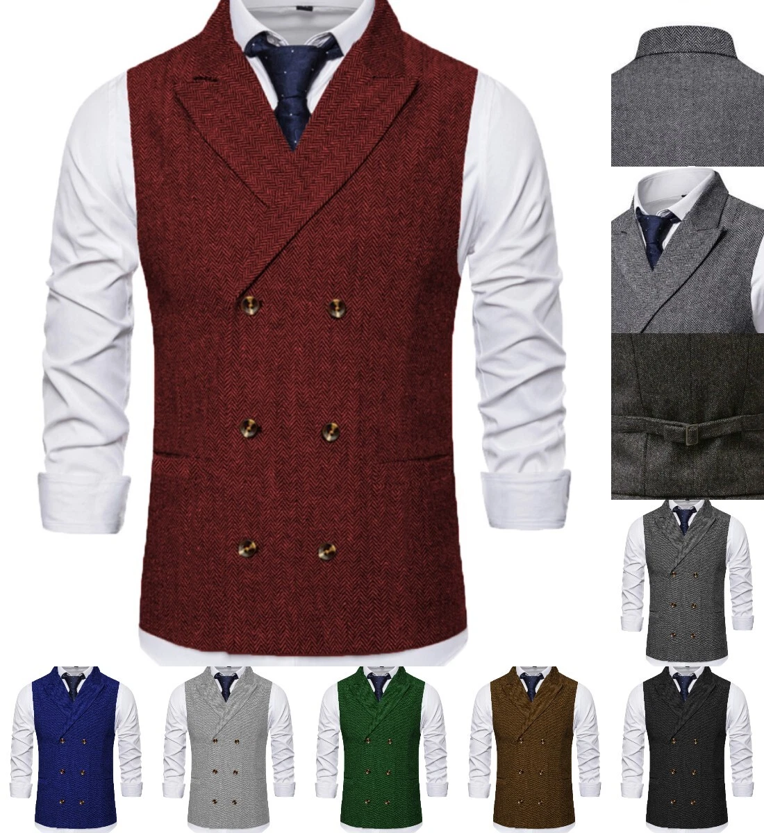 Men Double breasted Waistcoats Vintage Tweed Vest Herringbone Wedding Retro Wool