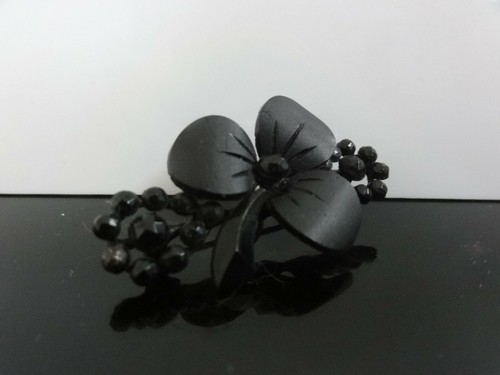 Victorian French FAB Carved Jet Mourning Pin Brooch With Clover For Good Luck - Picture 1 of 4