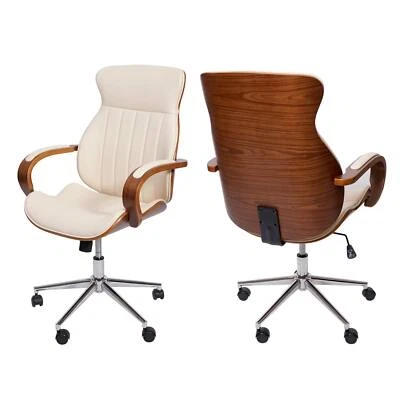 MODERNE-WOHNIDEEN B-Ware Bürostuhl MCW-H39, Drehstuhl, Bugholz Kunstleder höhenverstellbar, creme