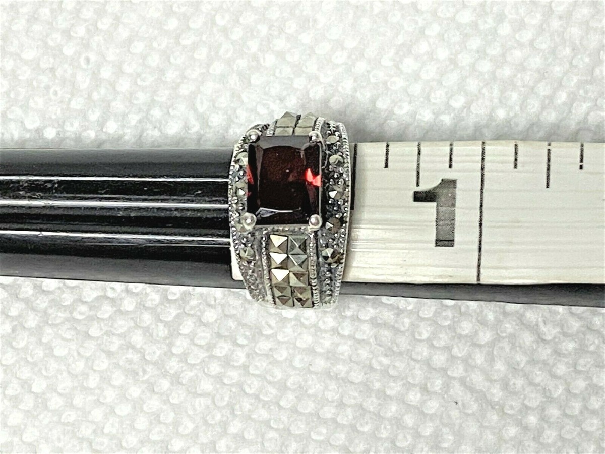 Vintage Sterling Silver 925 Red Stone Marcasite Ring Size 5.5