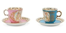 Sevres Louise Philippe Set 2 Tea Cups  Saucers Pink  Blue Cherub Celeste Gold
