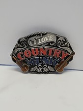 Vtg 1988 Pewter Enamel Belt Buckle I LOVE COUNTRY MUSIC Siskiyou Buckle Co. S