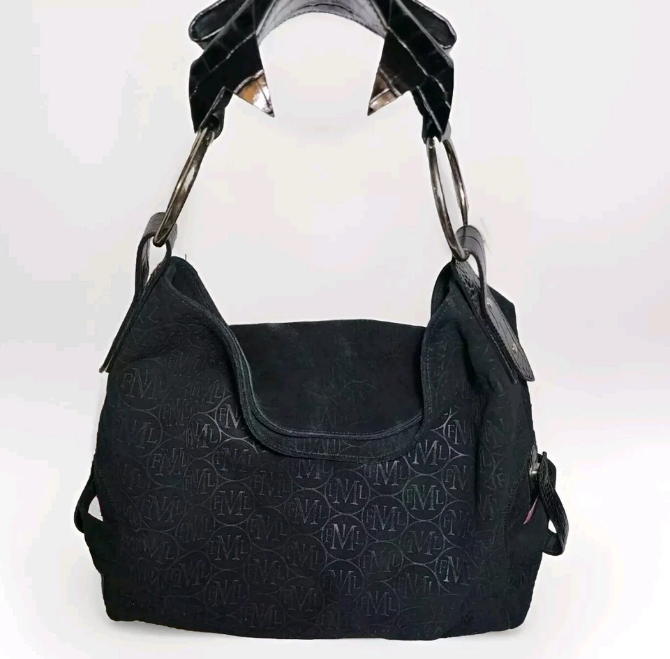 BOLSO DE HOMBRO FIL MY FLAT IN LONDON NEGRO GAMUZA LAZO EN RELIEVE HANDEL LG HOBO $330