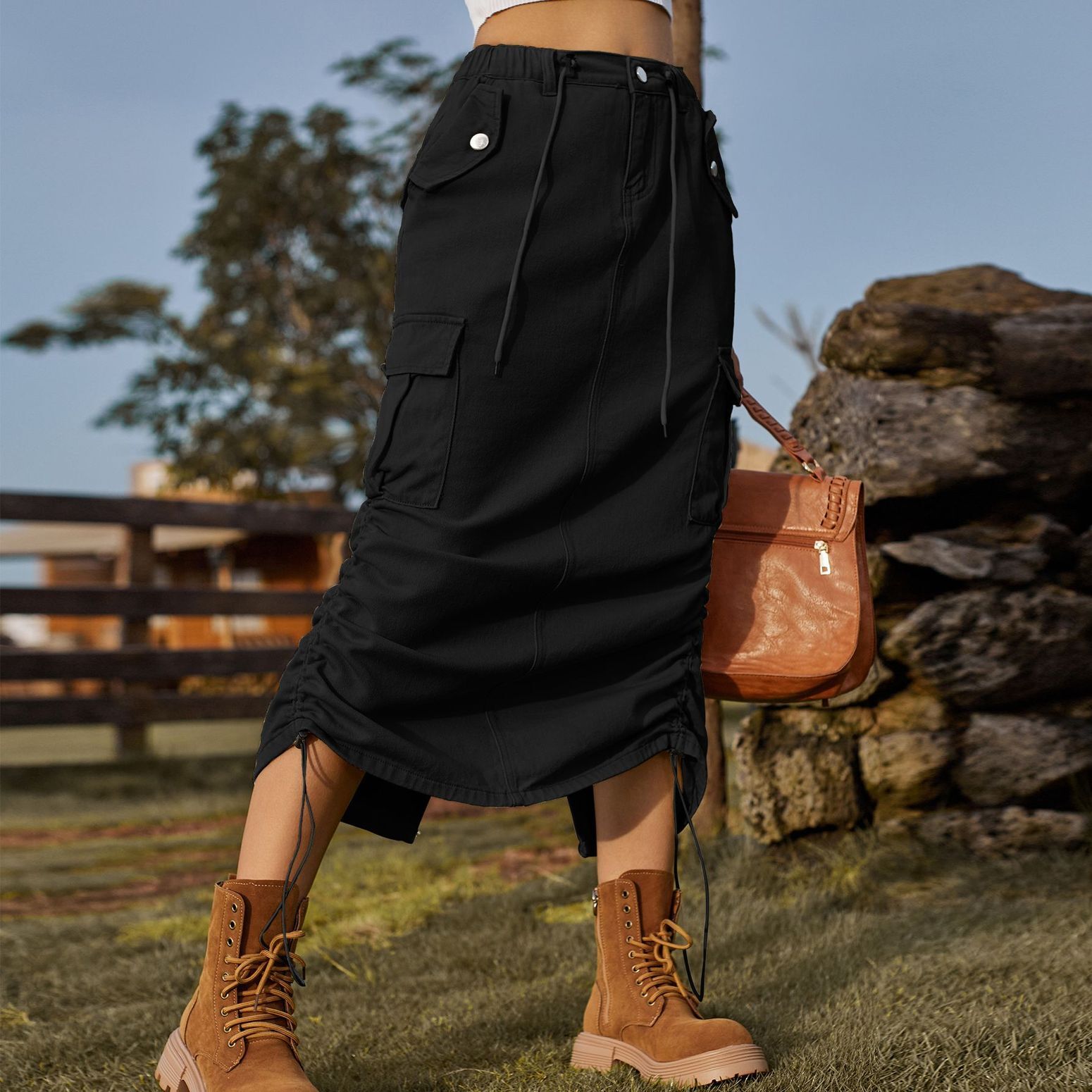 Women's Denim Skirt Elastic Waist Cargo Western Pleated Drawstring