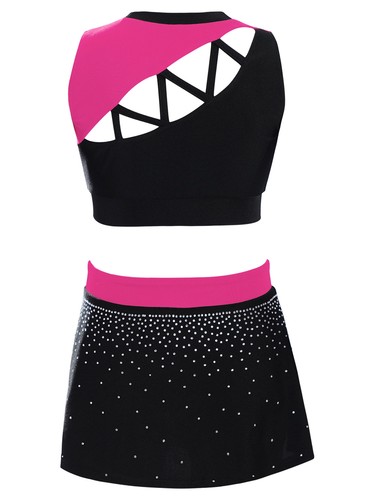 Kids Girls Cheerleading Uniform Shiny Crop Top with Skirt Set Cheer Fancy AU - Picture 54 of 90