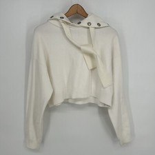 Zara Hoodie Womens Medium Cream Cropped Sweater Tie Neck Metal Detail