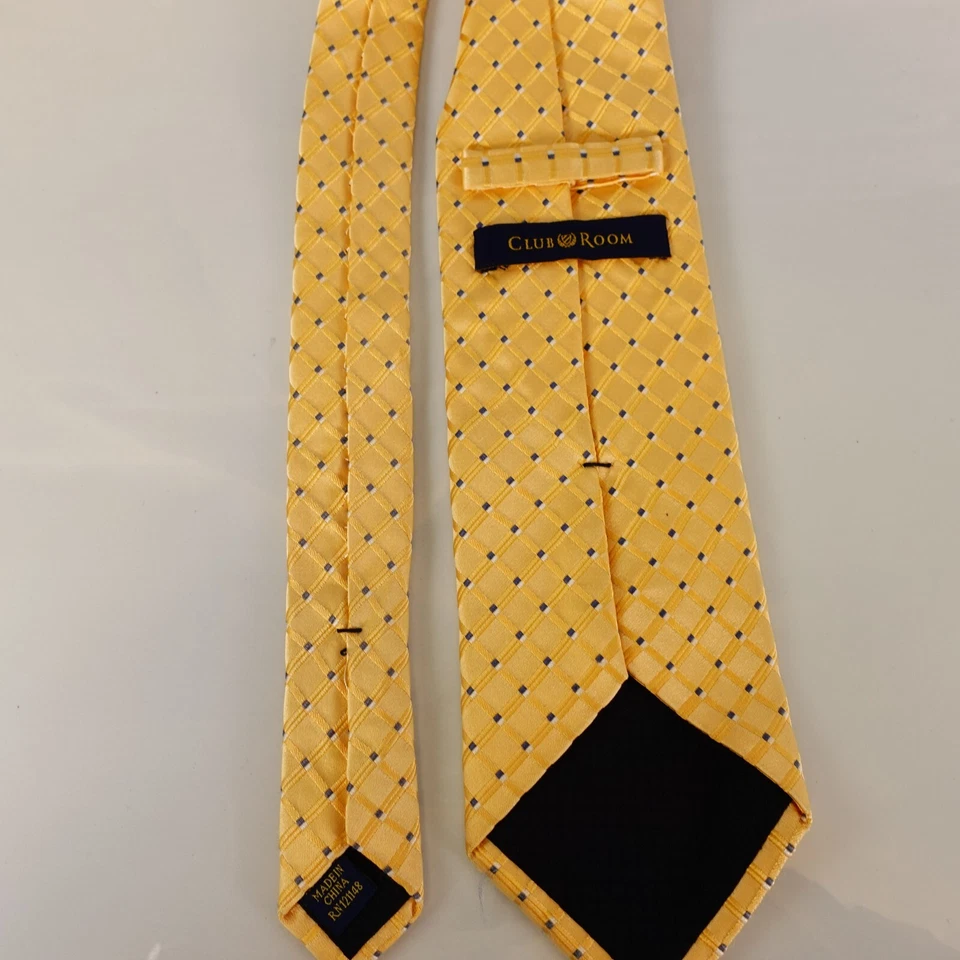 CLUB ROOM Men's Harvest Gold White Plaid Check Necktie Tie Silk Satin Glossy - Image 4 of 4