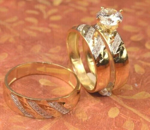 His & Her Trio Ring Set 2Ct Round Cut Created Diamond 14k Yellow Gold Plated - Image 3 of 4