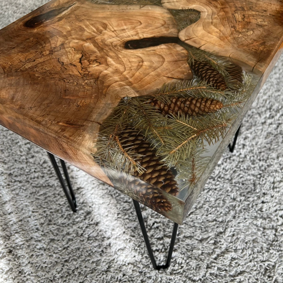 Epoxy Live End Table / Side Table / Pine Cone Epoxy / Natural Edge Side Table - Image 2 of 4