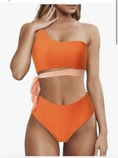 Orange And Pink One shoulder High Waisted Bikini With Side Tie Size XL