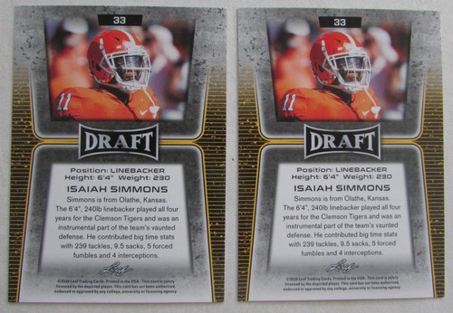 Isaiah Simmons 2 Karten Lot Base und Parallel Karten Clemson Tigers NFL - Bild 2 von 2