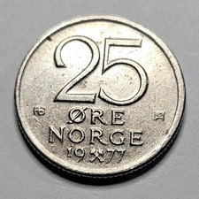 1977 Norway 25 Ore - Copper Nickel - Norwegian - World Coin - Europe