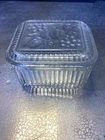 Vintage Federal Glass Ribbed Refrigerator Dish w/ Lid Fruit Pattern 5x4x3