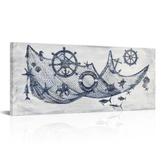 Nautical Decor Wall Art Fishing Net with Boat Wheels and Shells Picture Paint...