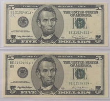 LOTE De BILLETES De 5 DOLARES Con ESTRELLA Año 1999. Para Colección.